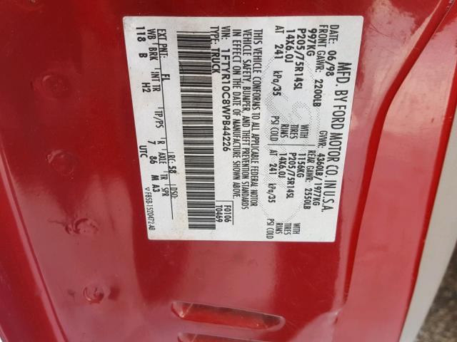 1FTYR10C8WPB44226 - 1998 FORD RANGER RED photo 10