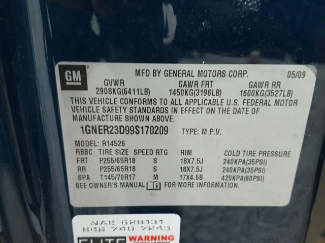 1GNER23D99S170209 - 2009 CHEVROLET TRAVERSE L BLUE photo 10