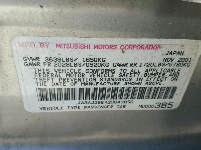 JA3AJ26E42U043850 - 2002 MITSUBISHI LANCER ES SILVER photo 10