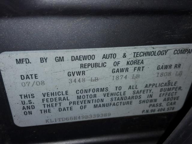 KL1TD66E49B339389 - 2009 CHEVROLET AVEO LS SILVER photo 10