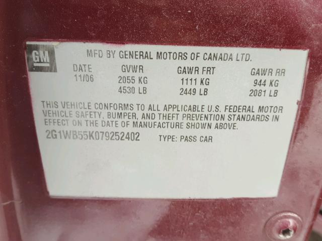 2G1WB55K079252402 - 2007 CHEVROLET IMPALA LS MAROON photo 10