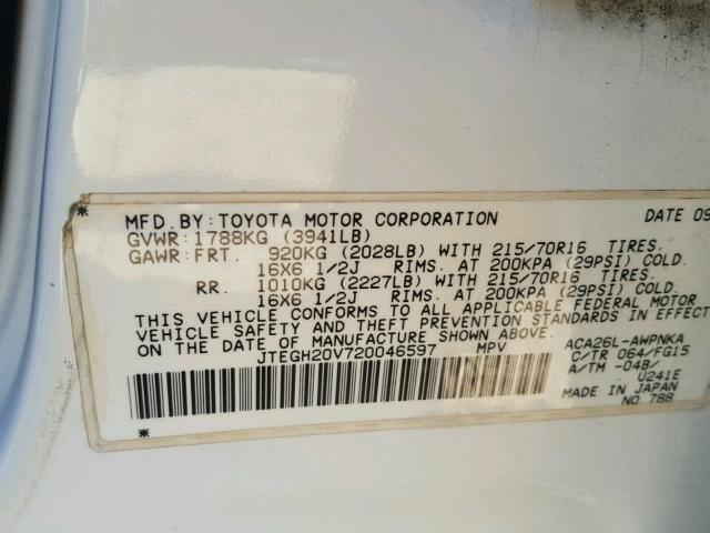 JTEGH20V720046597 - 2002 TOYOTA RAV4 WHITE photo 10