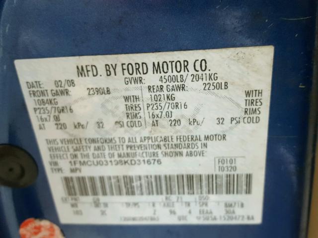 1FMCU03198KD31676 - 2008 FORD ESCAPE XLT BLUE photo 10