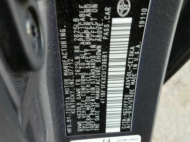 4T1BF1FKXCU139681 - 2012 TOYOTA CAMRY BASE GRAY photo 10