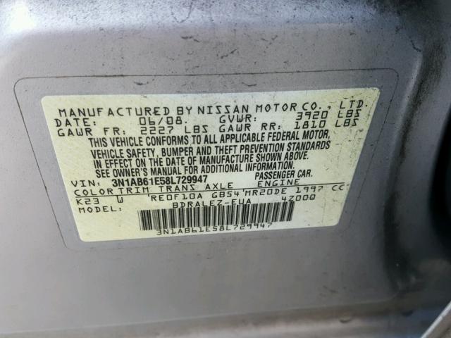 3N1AB61E58L729947 - 2008 NISSAN SENTRA 2.0 SILVER photo 10