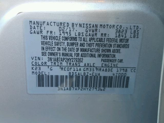 3N1AB7AP2HY279362 - 2017 NISSAN SENTRA S SILVER photo 10