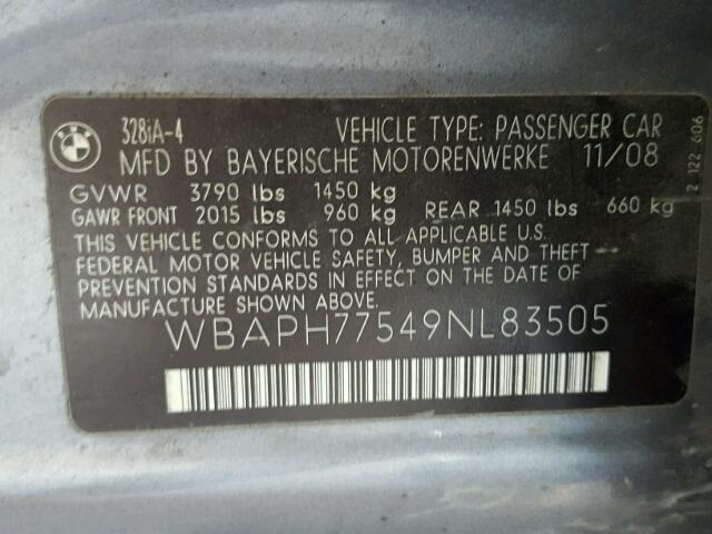 WBAPH77549NL83505 - 2009 BMW 328 I GRAY photo 10