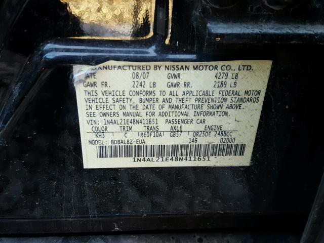 1N4AL21E48N411651 - 2008 NISSAN ALTIMA 2.5 BLACK photo 10