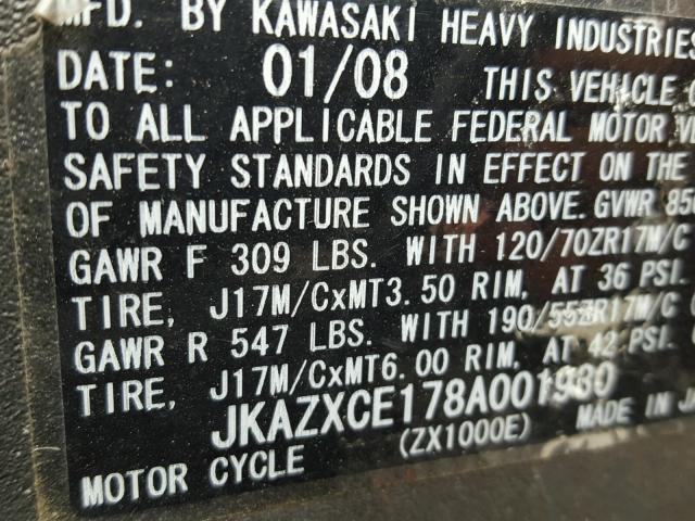 JKAZXCE178A001930 - 2008 KAWASAKI ZX1000 E BLACK photo 10