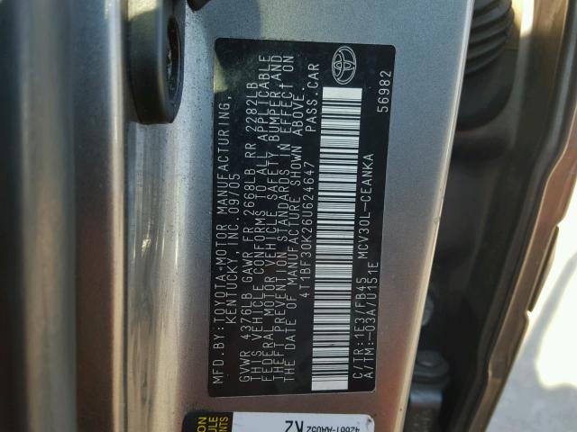 4T1BF30K26U624647 - 2006 TOYOTA CAMRY LE GRAY photo 10