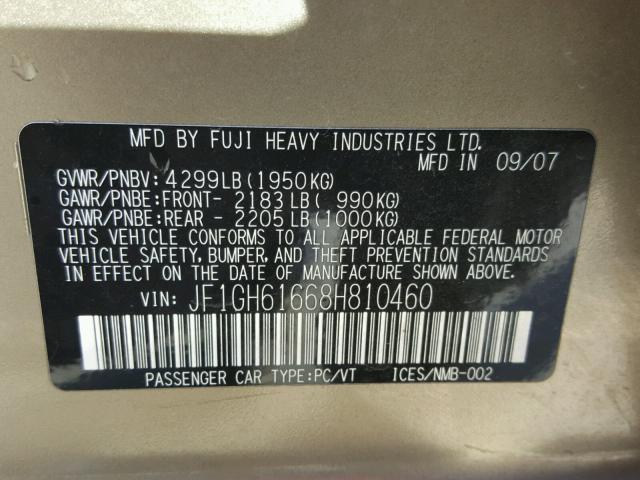 JF1GH61668H810460 - 2008 SUBARU IMPREZA 2. GOLD photo 10