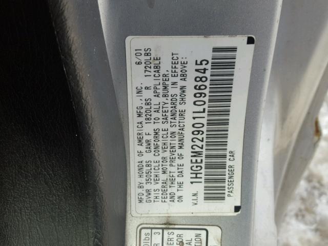 1HGEM22901L096845 - 2001 HONDA CIVIC SI SILVER photo 10