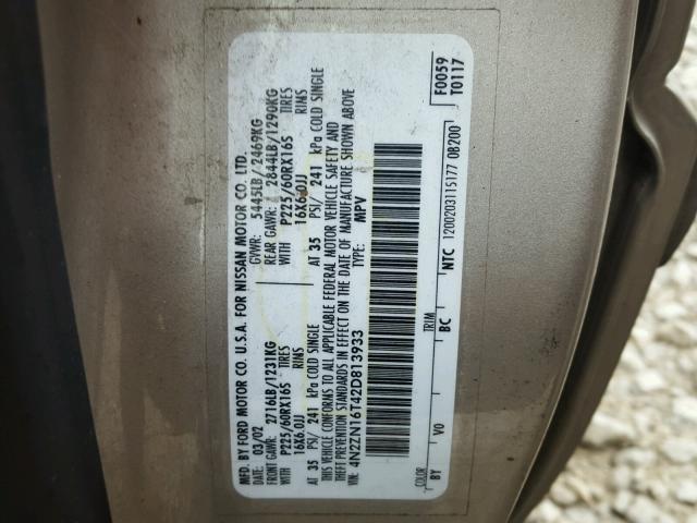 4N2ZN16T42D813933 - 2002 NISSAN QUEST SE TAN photo 10