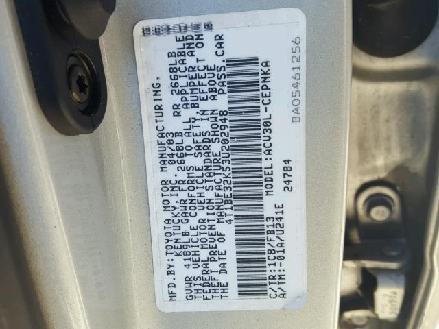 4T1BE32K53U202948 - 2003 TOYOTA CAMRY LE SILVER photo 10