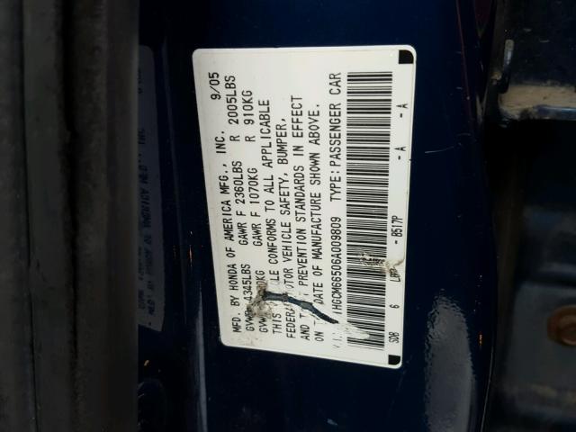 1HGCM66506A009809 - 2006 HONDA ACCORD EX BLUE photo 10