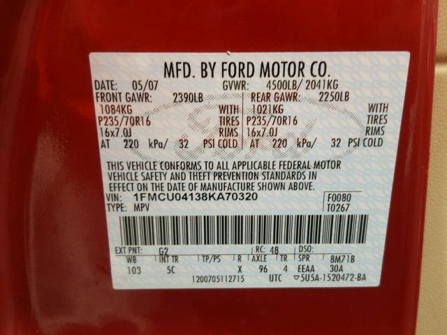 1FMCU04138KA70320 - 2008 FORD ESCAPE LIM RED photo 10