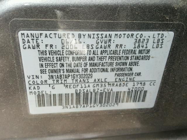 3N1AB7AP1GY302029 - 2016 NISSAN SENTRA S GRAY photo 10