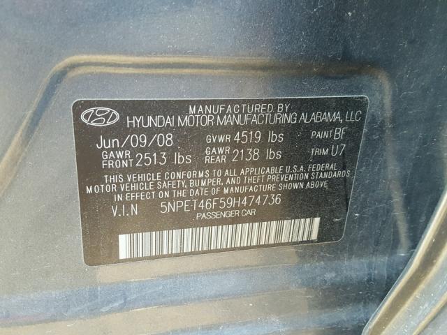 5NPET46F59H474736 - 2009 HYUNDAI SONATA GLS BLUE photo 10