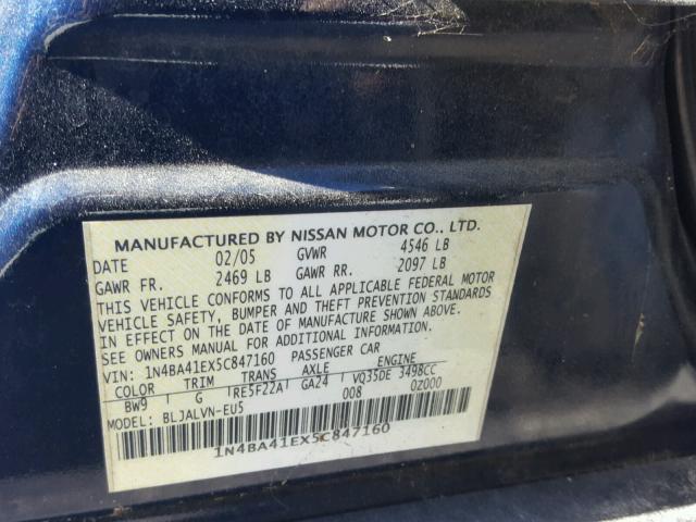 1N4BA41EX5C847160 - 2005 NISSAN MAXIMA SE BLUE photo 10