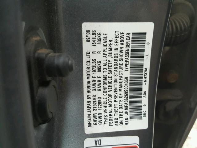 JHMFA36269S004359 - 2009 HONDA CIVIC HYBR GRAY photo 10