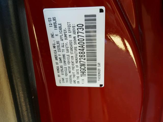 1HGCM72684A007730 - 2004 HONDA ACCORD EX RED photo 10