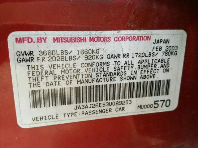 JA3AJ26E53U089253 - 2003 MITSUBISHI LANCER ES RED photo 10