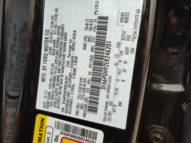 3FA6P0H92ER246201 - 2014 FORD FUSION SE BLACK photo 10