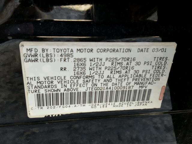 JTEGD21A410009187 - 2001 TOYOTA HIGHLANDER BLACK photo 10