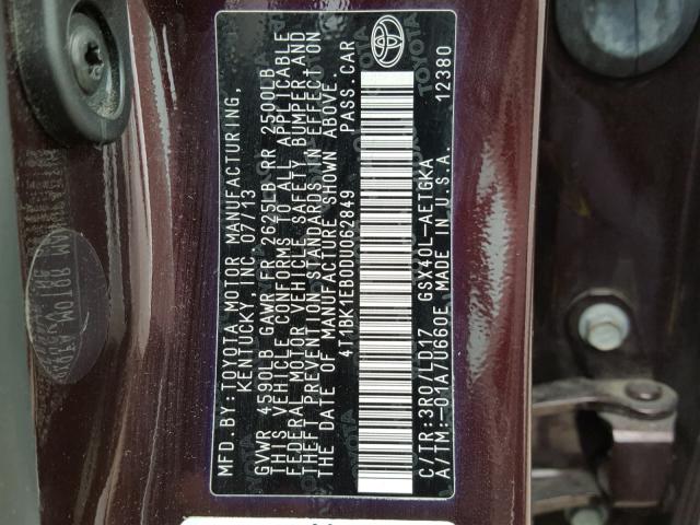 4T1BK1EB0DU062849 - 2013 TOYOTA AVALON BAS 栗色 照片 10