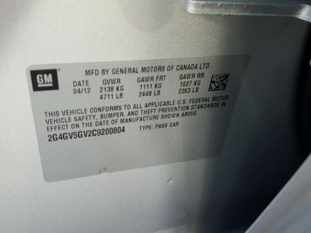 2G4GV5GV2C9200804 - 2012 BUICK REGAL GS SILVER photo 10