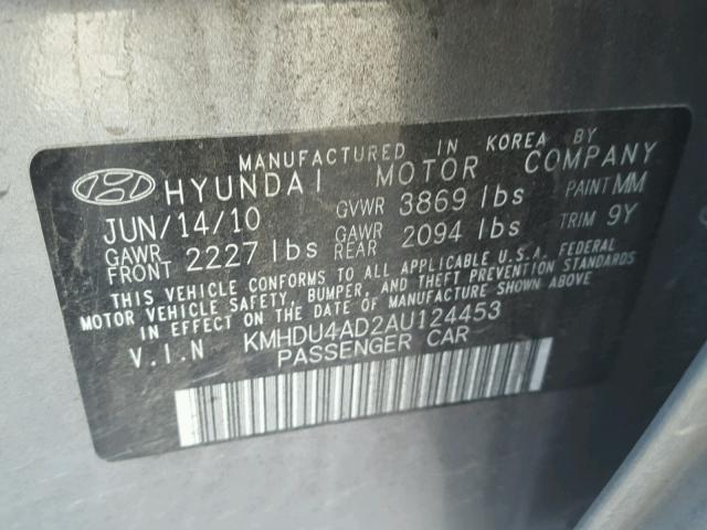 KMHDU4AD2AU124453 - 2010 HYUNDAI ELANTRA BL GRAY photo 10