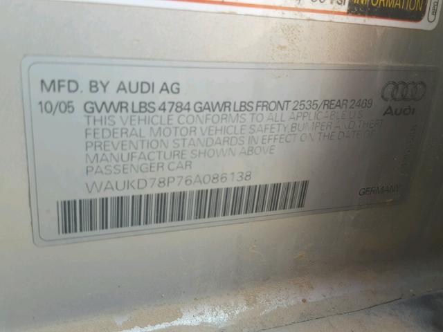 WAUKD78P76A086138 - 2006 AUDI A3 S-LINE SILVER photo 10