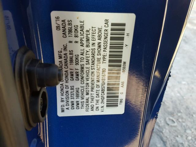 2HGFC4B57GH316780 - 2016 HONDA CIVIC LX BLUE photo 10