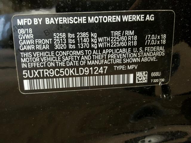 5UXTR9C50KLD91247 - 2019 BMW X3 XDRIVE3 BLACK photo 10