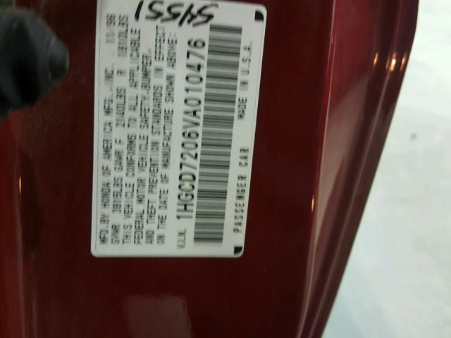 1HGCD7206VA010476 - 1997 HONDA ACCORD SE RED photo 10