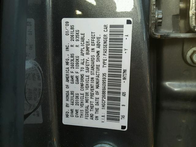 1HGCP26889A095935 - 2009 HONDA ACCORD EXL GRAY photo 10