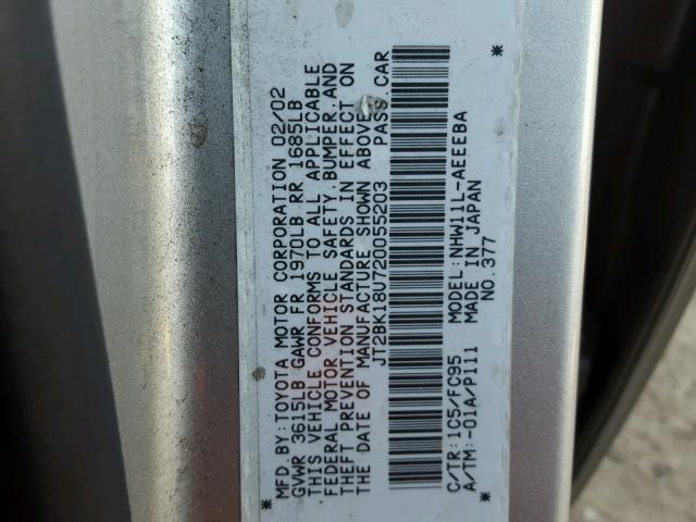 JT2BK18U720055203 - 2002 TOYOTA PRIUS SILVER photo 10