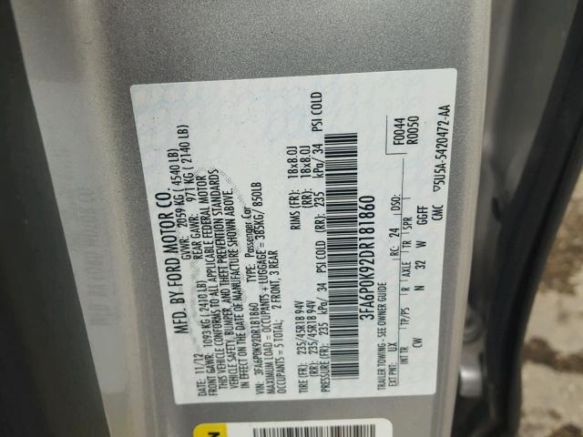 3FA6P0K92DR181860 - 2013 FORD FUSION TIT SILVER photo 10