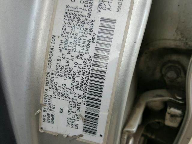 JT3GN86R820233586 - 2002 TOYOTA 4RUNNER SR SILVER photo 10