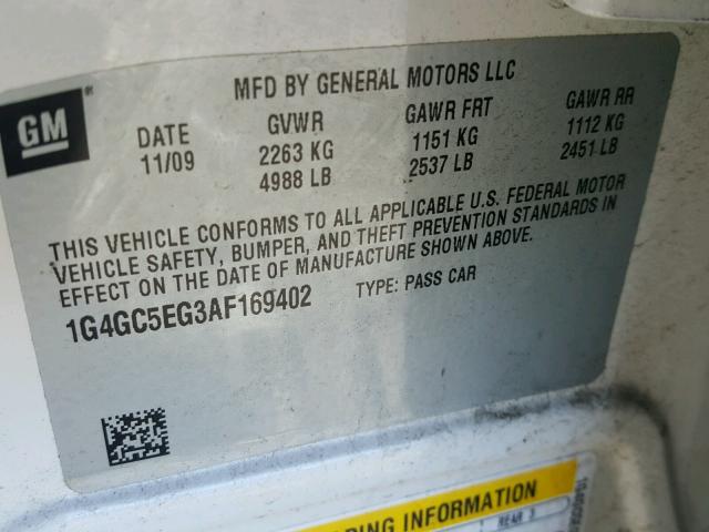 1G4GC5EG3AF169402 - 2010 BUICK LACROSSE C WHITE photo 10