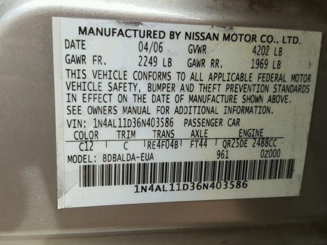 1N4AL11D36N403586 - 2006 NISSAN ALTIMA S TAN photo 10