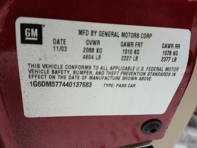1G6DM577440137683 - 2004 CADILLAC CTS RED photo 10