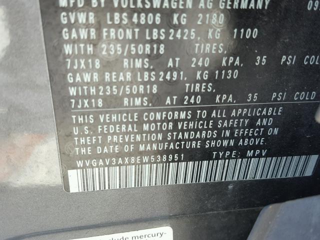 WVGAV3AX8EW538951 - 2014 VOLKSWAGEN TIGUAN S GRAY photo 10