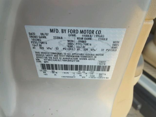 1FMCU03Z78KB52736 - 2008 FORD ESCAPE XLT CREAM photo 10