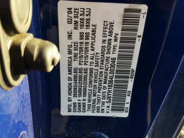 5J6YH18364L003046 - 2004 HONDA ELEMENT LX BLUE photo 10