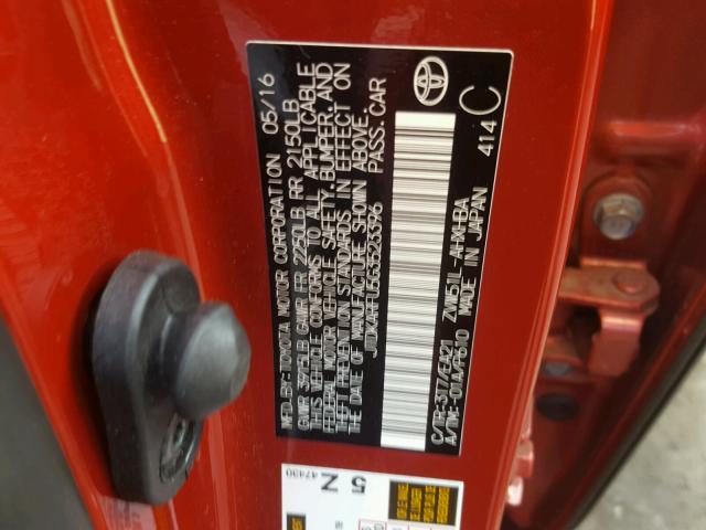 JTDKARFU5G3523396 - 2016 TOYOTA PRIUS RED photo 10