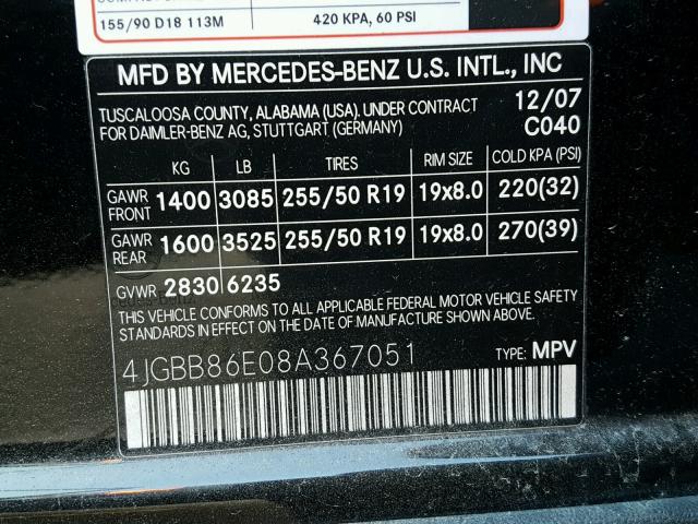 4JGBB86E08A367051 - 2008 MERCEDES-BENZ ML 350 BLACK photo 10