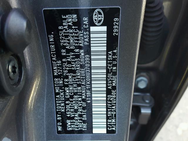 4T1BF1FK0HU370399 - 2017 TOYOTA CAMRY LE ნაცრისფერი ფოტო 10