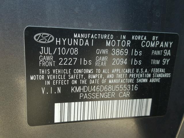 KMHDU46D68U555316 - 2008 HYUNDAI ELANTRA GL GRAY photo 10