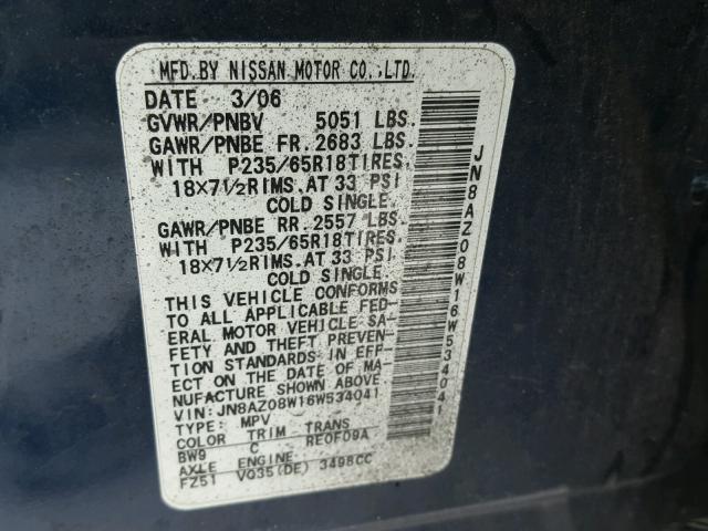 JN8AZ08W16W534041 - 2006 NISSAN MURANO SL BLUE photo 10